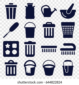 Bucket icons set. set of 16 bucket filled icons such as canister, from toy for beach, dust brush, clean brush, trash bin, watering can