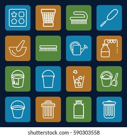bucket icons set. Set of 16 bucket outline icons such as canister, from toy for beach, dust brush, clean brush, trash bin