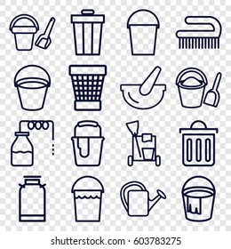 Bucket icons set. set of 16 bucket outline icons such as canister, cleaning tools, clean brush, trash bin, watering can
