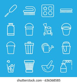 Bucket icons set. set of 16 bucket outline icons such as canister, from toy for beach, cleaning tools, dust brush, clean brush, trash bin