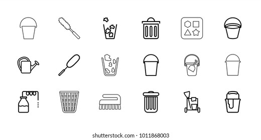 Bucket icons. set of 18 editable outline bucket icons: canister, cleaning tools, dust brush, trash bin, watering can, delete trash bin, from toy for beach