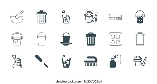 Bucket Icons. Set Of 18 Editable Filled And Outline Bucket Icons: Clean Brush, Trash Bin, Cleaning Tools, Canister, Dust Brush