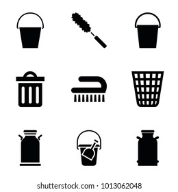 Bucket icons. set of 9 editable filled bucket icons such as canister, clean brush, delete trash bin, dust brush