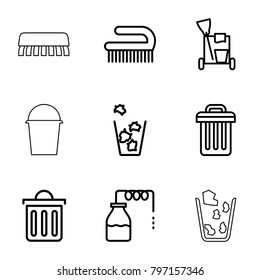 Bucket icons. set of 9 editable outline bucket icons such as canister, cleaning tools, clean brush, trash bin, delete trash bin