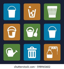 bucket icons set. Set of 9 bucket filled icons such as canister, trash bin, watering can
