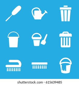 Bucket icons set. set of 9 bucket filled icons such as dust brush, clean brush, watering can