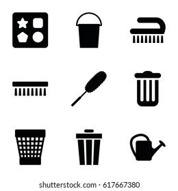 Bucket icons set. set of 9 bucket filled icons such as from toy for beach, bucket, dust brush, clean brush, trash bin