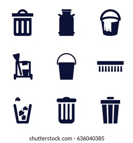 Bucket icons set. set of 9 bucket filled icons such as canister, cleaning tools, bucket, clean brush, trash bin