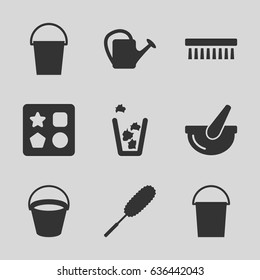 Bucket icons set. set of 9 bucket filled icons such as bucket, from toy for beach, dust brush, clean brush, trash bin