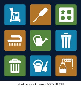 Bucket icons set. set of 9 bucket filled icons such as canister, from toy for beach, cleaning tools, dust brush, clean brush, watering can, trash bin
