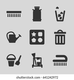 Bucket icons set. set of 9 bucket filled icons such as canister, bucket toy for beach, from toy for beach, cleaning tools, clean brush, trash bin, watering can