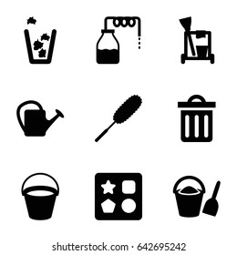 Bucket icons set. set of 9 bucket filled icons such as canister, from toy for beach, cleaning tools, dust brush, trash bin, watering can