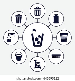 Bucket icons set. set of 9 bucket filled icons such as canister, bucket, cleaning tools, clean brush, trash bin