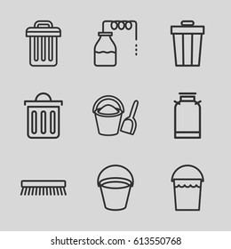 Bucket icons set. set of 9 bucket outline icons such as canister, clean brush, delete trash bin