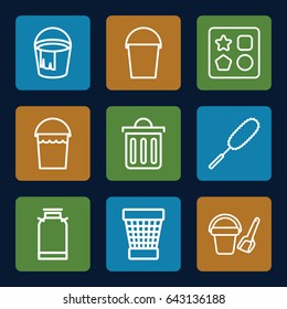 Bucket icons set. set of 9 bucket outline icons such as canister, from toy for beach, dust brush, trash bin