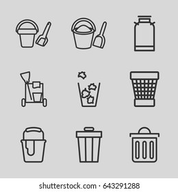 Bucket icons set. set of 9 bucket outline icons such as canister, cleaning tools, trash bin