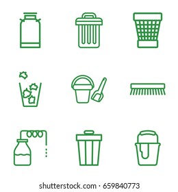 Bucket icons set. set of 9 bucket outline icons such as canister, clean brush