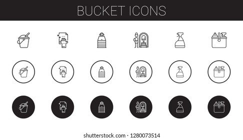 bucket icons set. Collection of bucket with cleaning, sauna, russian banya, window cleaner. Editable and scalable bucket icons.