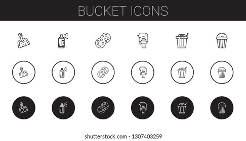 bucket icons set. Collection of bucket with dustpan, paint, sponge, cleaning, trash, popcorn. Editable and scalable bucket icons.