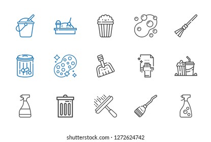 bucket icons set. Collection of bucket with window cleaner, broom, trash, popcorn, cleaning, dustpan, sponge, sandbox. Editable and scalable bucket icons.