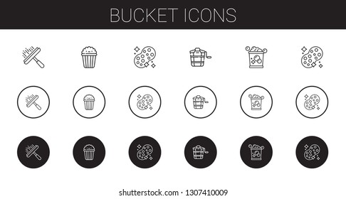 bucket icons set. Collection of bucket with window cleaner, popcorn, sponge. Editable and scalable bucket icons.