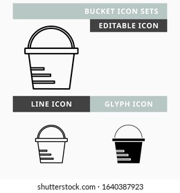 Bucket icons set vector design, modern editable line and  glyph icon, black colour and isolated for icon presentation, website and banner