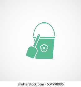 Bucket With Image Flower And Shovel Baby Toy Green Flat Icon On White Background
