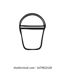Bucket isolated on white background. A bucketful for washing food, storage water. Household chores and gardening pail. Vector illustration in doodle style