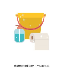 bucket and liquid soap and roll paper towel in colorful silhouette vector illustration