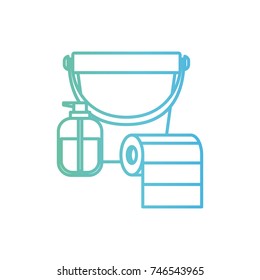 bucket and liquid soap and roll paper towel in degraded green to blue color contour vector illustration