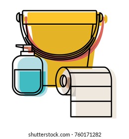 bucket and liquid soap and roll paper towel in colorful watercolor silhouette