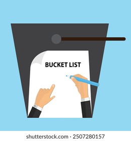 Bucket with a bucket list attached to it and hands of a person ready to write