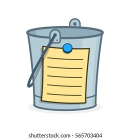 Bucket List cartoon concept with a metal pail and adhering blank list with lines for the addition of your wishes, goal and aspirations to achieve in your lifetime before your death, vector
