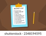 Bucket list life plans checklist. Example bucketlist with travel ideas.
