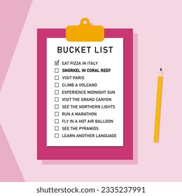 Bucket list life plans checklist. Example bucketlist with travel ideas.