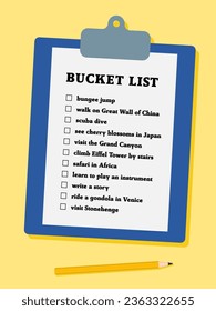 Bucket list life plans checklist. Example bucketlist with travel ideas.