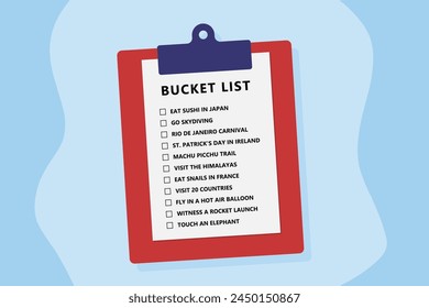 Checkliste für die Lebensdauer der Paket. Beispiel Vektorgrafik Bucketlist mit Reiseideen.