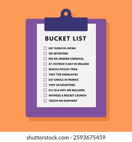 Bucket list life plans checklist. Example bucketlist with travel ideas.