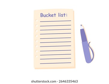 A bucket list and a pen isolated on white background. Concept of wishes, travel, dreams. Vector flat clipart.