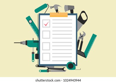 Bucket list in reparation. Eps vector illustration of different green instruments and to do list in paper tablet. Checked row of done things.