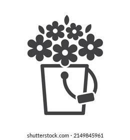 Bucket with many flowers, icon, vector.