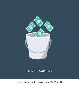 A bucket and money symbolising funds raising, vector illustration