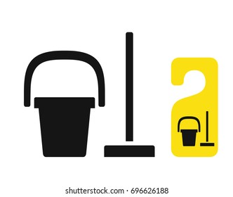 Bucket and mop black icon, cleaning simbol, may be used on door hanger, vector illustration isolated on white background