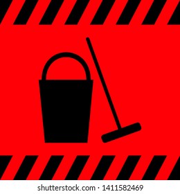 Bucket and mop black on a red background, vector illustration for design.