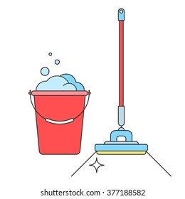 Bucket and mop brush isolated on white background. Cleaning, the concept of the sign. Vector illustration of flat line style for the design of your web site and print