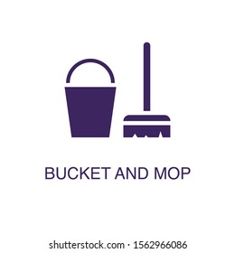 Bucket and mop element in flat simple style on white background. Bucket and mop icon, with text name concept template