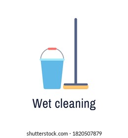 Bucket and mop flat icon isolated on white background. Cleaning service housework tools. Brush pail for floor washing. Wet cleaning logo or symbol. Housekeeping hygiene vector illustration.