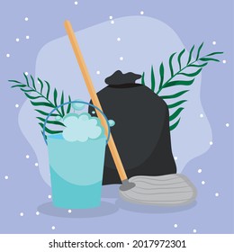 bucket mop and garbage bag on purple background
