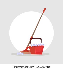 Bucket and mop icon. Cleaning concept. Vector flat cartoon illustration