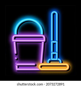 Bucket And Mop neon light sign vector. Glowing bright icon Bucket And Mop sign. transparent symbol illustration